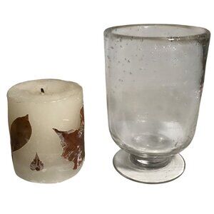 Glass Hurricane Candle Holder With Leaf Decorated Pillar Candle Set